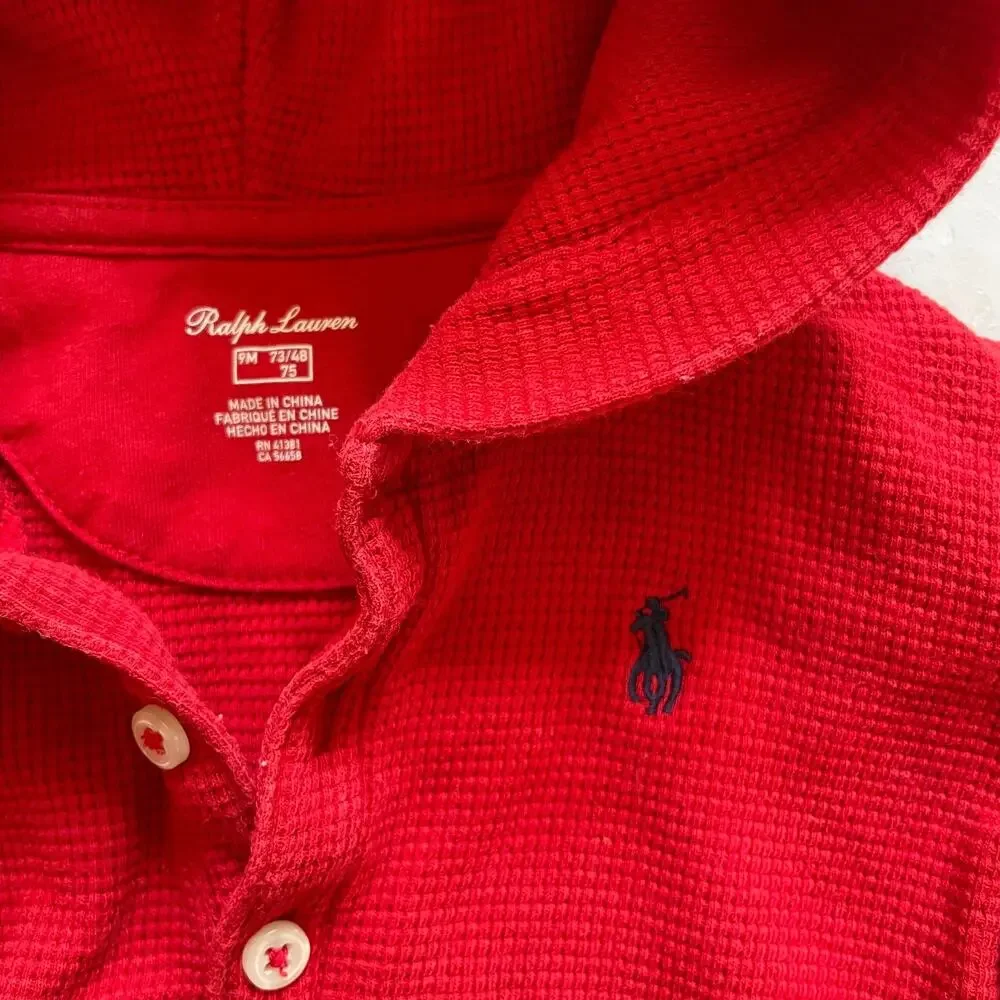 Ralph Lauren Preppy Baby Academia Red Waffle Knit‎ Hooded Henley Romper 9M